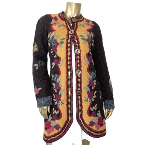 ANTHROPOLOGIE SPARROW YELLOW BRICK ROAD FLOAL SWEATER LONG CARDIGAN, WOOL SIZE S - Picture 2 of 8